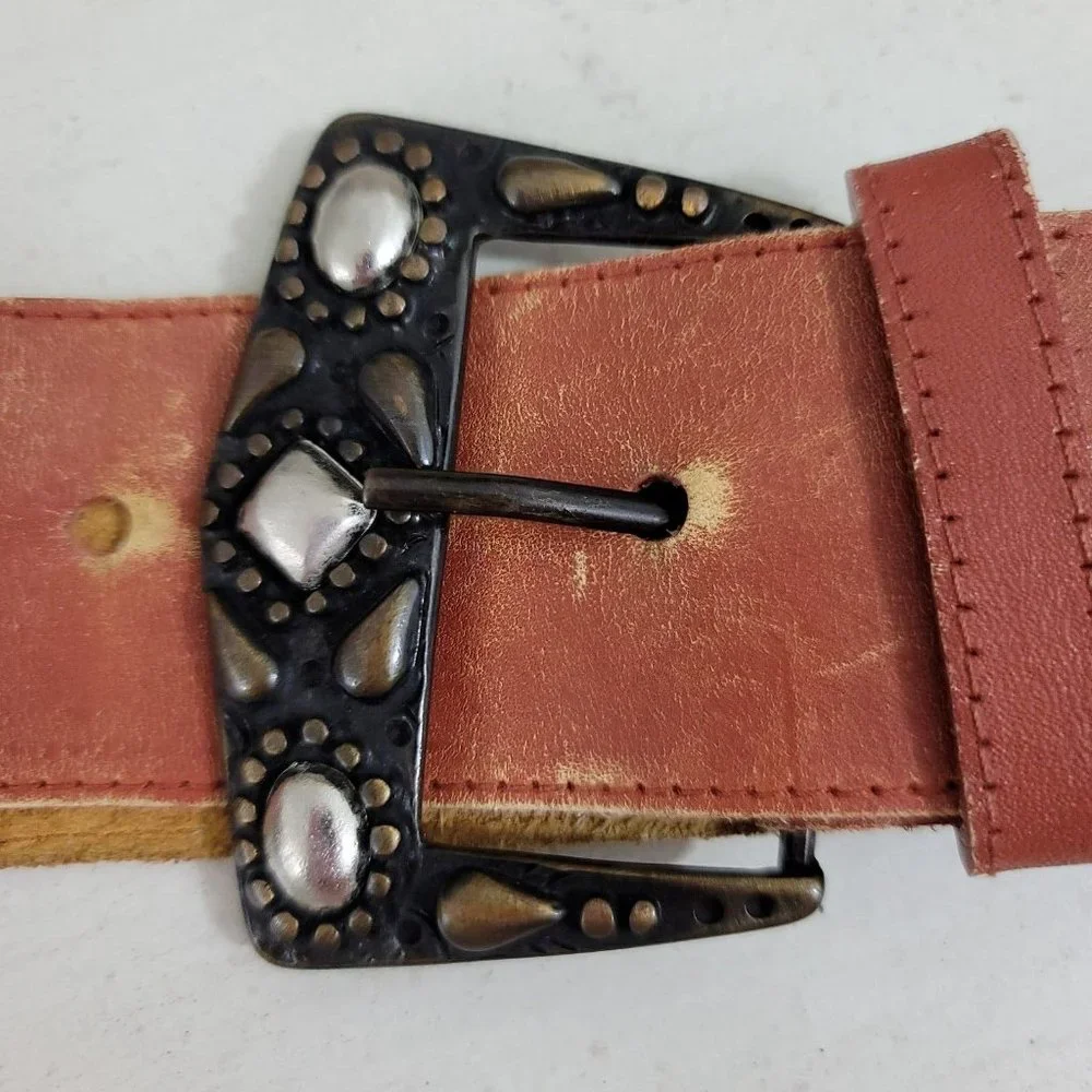 Studded Belt Womens Medium Brown Leather Sepia Tan Western Boho Embellished - Picture 2 of 10